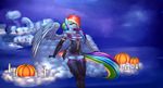  2016 absurd_res anthro anthrofied blue_feathers blue_skin breasts candle clothing cloud elzzombie equine feathered_wings feathers female food friendship_is_magic fruit hair hi_res legwear long_hair looking_at_viewer mammal multicolored_hair my_little_pony on_cloud outside pegasus pumpkin rainbow_dash_(mlp) rainbow_hair sitting solo wings 
