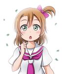 :o blush bow brown_hair clenched_hand commentary_request confetti cosplay extra green_eyes hair_between_eyes hair_bow hoshino_ouka love_live! love_live!_sunshine!! neckerchief one_side_up open_mouth orange_hair pink_bow ribbon school_uniform serafuku solo upper_body uranohoshi_school_uniform 