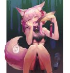  :d alle_gro animal_ear_fluff animal_ears bangs bare_arms bare_shoulders black_dress blush breasts brown_eyes commentary_request double_bun dress eyebrows_visible_through_hair fan fate/grand_order fate_(series) fingernails folding_fan fox_ears fox_girl fox_tail glasses hair_between_eyes hair_ornament head_tilt heart holding holding_fan koyanskaya long_hair medium_breasts nail_polish open_mouth pink_hair side_bun sidelocks sleeveless sleeveless_dress smile solo spoken_heart squatting tail tamamo_(assassin)_(fate) tamamo_(fate)_(all) translation_request underboob 