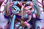  2016 aloe_(mlp) animal_genitalia animal_penis blush clothing costume cum cumshot duo_focus ear_piercing earth_pony ejaculation equine equine_penis fangs female friendship_is_magic group hair half-closed_eyes hi_res horse legwear looking_at_viewer lotus_(mlp) male male/female mammal my_little_pony open_mouth orgasm penis piercing pony saliva shinodage sibling sisters tongue tongue_out 