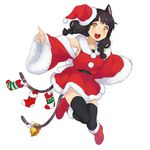  animal_ears artist_request bell boots braid cat_ears cat_tail christmas christmas_stocking full_body fur_trim hat highres long_hair multiple_tails nekomata_(youkai_hyakki-tan!) official_art open_mouth santa_costume santa_hat simple_background solo tail tattoo thighhighs white_background yellow_eyes youkai_hyakki-tan! 