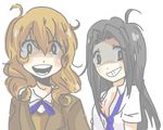  artist_request black_hair blonde_hair blue_bow blue_neckwear bow bowtie brown_eyes coat coppelion curly_hair grin long_hair looking_at_viewer multiple_girls necktie open_mouth ozu_kanon ozu_shion pale_color shirt short_sleeves siblings sisters smile transparent_background white_shirt 