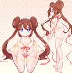  babydoll blue_eyes bow bra brown_hair candy chorimokki double_bun food heart heart_background lollipop long_hair looking_at_viewer mei_(pokemon) mouth_hold multiple_views pink pink_bow pink_legwear pokemon pokemon_(game) pokemon_bw2 see-through smile thighhighs twintails underwear very_long_hair 