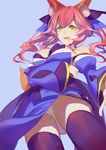 absurdres animal_ears bell bell_collar blue_background blue_legwear bow breasts cleavage collar detached_sleeves fate/extra fate_(series) fox_ears fox_tail hair_bow highres japanese_clothes large_breasts open_mouth panties pink_hair red_cucumber simple_background solo tail tamamo_(fate)_(all) tamamo_no_mae_(fate) thighhighs underwear yellow_eyes 