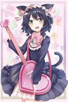  absurdres animal_ears black_dress black_hair bow cat_ears cat_tail cyan_(show_by_rock!!) dress eyebrows eyebrows_visible_through_hair fang green_eyes heart heart_guitar highres karumayu looking_at_viewer open_mouth pink_bow short_hair show_by_rock!! solo strawberry_heart tail 