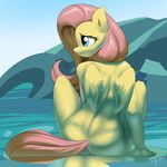  2016 anthro anthrofied burgerkiss butt equine female fluttershy_(mlp) friendship_is_magic hair hi_res long_hair mammal my_little_pony nude outside pegasus pink_hair puddle rear_view sitting solo water wings 