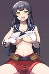  :d agano_(kantai_collection) bangs black_hair blush breasts collarbone cowboy_shot danbo_(rock_clime) gloves green_eyes highres kantai_collection large_breasts lifted_by_self long_hair looking_at_viewer midriff miniskirt navel no_bra open_mouth pleated_skirt red_skirt school_uniform serafuku shirt_lift simple_background skirt sleeveless smile solo spread_legs stomach underboob white_gloves 