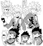  beyblade beyblade:_burst blush cat clenched_teeth frown furukawa_(yomawari) gloves greyscale heart highres komurasaki_wakiya kurogami_daina male_focus monochrome multiple_boys no_nose open_mouth partly_fingerless_gloves skull smile sweat teeth translation_request 