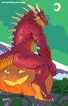  anthro barefoot butt dragon food fruit halloween holidays horn jack_o&#039;_lantern looking_at_viewer looking_back low-angle_view negger night nude patreon pinup pose pumpkin rear_view scalie signature sitting spines 
