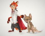 2016 bat bat_wings blood canine cape chain claws clothing collar costume disney duo fangs finnick fox looking_at_viewer male mammal membranous_wings monoflax nick_wilde simple_background standing vampire vampire_bat white_background wings zipper zootopia 
