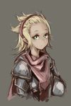  blonde_hair breastplate deel_(rkeg) fantasy forehead frown green_eyes grey_background hairband helmet highres knight looking_at_viewer messy_hair original sad short_hair shoulder_armor simple_background sketch solo spaulders tabard upper_body 