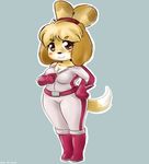  animal_crossing anthro blue_background blush_sticker breasts canine cleavage clothed clothing dog female fur isabelle_(animal_crossing) mammal mario_bros mario_kart nintendo outline shinsuke simple_background skinsuit smile solo tight_clothing video_games yellow_fur 