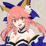 animal_ears breasts cleavage detached_sleeves fate/extra fate_(series) fox_ears grey_background hair_ribbon japanese_clothes large_breasts long_hair looking_at_viewer nanashiba open_mouth pink_hair ribbon simple_background solo tamamo_(fate)_(all) tamamo_no_mae_(fate) yellow_eyes 