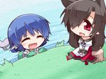  animal_ears blue_hair blush_stickers brown_hair chibi closed_eyes dress drill_hair extra_ears fang frilled_sleeves frills grass hair_over_one_eye head_fins hemogurobin_a1c imaizumi_kagerou japanese_clothes juliet_sleeves kimono lake layered_dress long_hair long_sleeves mermaid monster_girl multiple_girls open_mouth partially_submerged pointy_ears puffy_sleeves red_eyes short_hair sitting sitting_on_object sleeves_past_wrists tail touhou tree_stump twin_drills wakasagihime water wolf_ears wolf_tail 