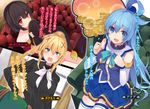  :d aqua_(konosuba) bare_shoulders black_gloves black_hair black_shirt blonde_hair blue_eyes blue_hair blue_skirt coin collarbone collared_shirt covered_mouth darkness_(konosuba) detached_sleeves dress_shirt eyebrows eyebrows_visible_through_hair fingerless_gloves gloves gold hair_ornament hand_on_hip hat hat_removed headwear_removed high_ponytail highres holding holding_hat kono_subarashii_sekai_ni_shukufuku_wo! long_hair looking_at_viewer megumin mishima_kurone multiple_girls novel_illustration official_art open_mouth pleated_skirt red_eyes ribbon shirt short_hair sitting skirt smile strapless thighhighs thought_bubble translated white_legwear white_ribbon witch_hat x_hair_ornament 