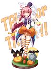  :3 ahoge alternate_costume animal_ears blush bunny_ears bunny_hair_ornament crescent crescent_hair_ornament english full_moon ghost gloves hair_ornament halloween ichimi jack-o'-lantern kantai_collection moon navel open_mouth pink_eyes pink_hair smile solo striped striped_legwear thighhighs tombstone topless trick_or_treat uzuki_(kantai_collection) white_gloves 