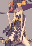  1girl abigail_williams_(fate/grand_order) bangs bare_shoulders black_bow black_hat black_panties blonde_hair bow closed_mouth fate/grand_order fate_(series) forehead grey_background hat highres key keyhole kneeling long_hair looking_at_viewer orange_bow panties parted_bangs polka_dot polka_dot_bow red_eyes ribbed_legwear simple_background single_thighhigh smile solo staff stuffed_animal stuffed_toy teddy_bear thighhighs thighs ueno_(sakumogu-029) underwear very_long_hair witch_hat 