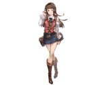  bag boots brown_eyes brown_hair clipboard crossed_legs detached_sleeves full_body granblue_fantasy hairband juliet_sleeves knee_boots long_hair long_sleeves looking_at_viewer minaba_hideo miniskirt official_art puffy_sleeves skirt smile solo standing transparent_background vest watson_cross 