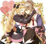  1girl bangs blonde_hair blush boots bow capelet character_name closed_eyes couple delsaber dress earrings elise_(fire_emblem_if) embarrassed fire_emblem fire_emblem_if gloves grey_hair hair_bow happy heart hetero hug japanese_clothes jewelry long_hair open_mouth orange_eyes pants ponytail puffy_sleeves ribbon sitting sitting_on_lap sitting_on_person takumi_(fire_emblem_if) thigh_boots thighhighs twintails very_long_hair zettai_ryouiki 