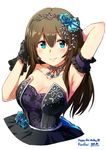 2016 arm_behind_head arm_garter armpits artist_name ayano_yuu_(sonma_1426) bangs bare_shoulders black_gloves blue_eyes blue_flower breasts brown_hair cleavage dated dress earrings floral_print flower gem gloves hair_between_eyes hair_flower hair_ornament hairband hand_in_hair happy_birthday highres idolmaster idolmaster_cinderella_girls idolmaster_cinderella_girls_starlight_stage jewelry long_hair looking_at_viewer medium_breasts necklace print_gloves sagisawa_fumika simple_background smile solo strapless strapless_dress upper_body white_background 