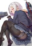  afukuro alternate_costume ass black_gloves black_legwear blue_eyes blue_skirt breasts crotch_seam from_above gloves hair_ornament hair_over_one_eye hairclip hamakaze_(kantai_collection) highres jacket kantai_collection large_breasts liquid long_sleeves lying machinery panties panties_under_pantyhose pantyhose scarf shadow silver_hair simple_background skirt solo thighband_pantyhose torpedo turret underwear white_background 