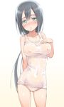  bare_shoulders black_hair blush breasts collarbone covered_nipples eyebrows eyebrows_visible_through_hair gradient gradient_background green_eyes hair_between_eyes hair_ribbon hand_on_own_chest highres large_breasts long_hair looking_at_viewer michairu nipples nose_blush old_school_swimsuit one-piece_swimsuit ribbon school_swimsuit see-through solo standing swimsuit tougou_mimori white_school_swimsuit white_swimsuit yuuki_yuuna_wa_yuusha_de_aru yuusha_de_aru 