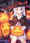  albino bags_under_eyes cape chain fork halloween hat jack-o'-lantern knife long_hair looking_at_viewer original otokuyou pumpkin red_eyes shiroi_ko_(otokuyou) solo stitches white_hair witch_hat wrapped_candy 