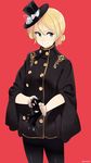  adjusting_clothes adjusting_gloves bangs black_coat black_gloves black_hat black_legwear blonde_hair blue_eyes bow braid breasts closed_mouth cowboy_shot darjeeling double-breasted flower formal fur-trimmed_gloves fur_trim girls_und_panzer gloves hair_between_eyes hat hat_bow hat_ribbon highres kerorira looking_at_viewer medium_breasts mini_hat mini_top_hat pantyhose red_background ribbon simple_background smile solo striped striped_ribbon top_hat twitter_username white_bow white_flower wide_sleeves 