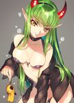  alternate_costume artist_name bare_shoulders black_bra black_shirt bra breasts c.c. choker cleavage code_geass collarbone contrapposto covered_nipples cowboy_shot creayus demon_horns eyebrows eyebrows_visible_through_hair fake_horns from_above green_hair grey_background hairband head_tilt holding horns long_hair long_sleeves looking_at_viewer looking_up medium_breasts navel no_pants off_shoulder open_clothes open_shirt parted_lips pointy_ears shirt simple_background sleeves_past_wrists smile solo standing teruterubouzu thighs tsurime twitter_username underwear very_long_hair yellow_eyes 