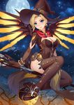  alternate_costume bangle blonde_hair blue_eyes bracelet breasts broom broom_riding brown_footwear cleavage cloud earrings elbow_gloves flying full_body full_moon gloves halloween halloween_costume hat highres jack-o'-lantern jack-o'-lantern_earrings jewelry large_breasts looking_at_viewer mechanical_wings mercy_(overwatch) moon night night_sky outdoors overwatch shoes short_sleeves sidesaddle sky smile solo spread_wings star_(sky) starry_sky tako_seijin thighhighs wings witch witch_hat witch_mercy yellow_wings 