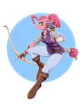  2016 anthro anthrofied armor arrow blue_eyes boots bow_(weapon) chainmail clothed clothing earth_pony equine female footwear friendship_is_magic fully_clothed hair hi_res hobbsmeerkat holding_object holding_weapon horse mammal my_little_pony pink_hair pinkie_pie_(mlp) pony quiver ranged_weapon solo tail_wraps weapon wraps 