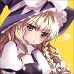  blonde_hair blush bow braid hair_bow hakusai_ponzu hat hat_bow kirisame_marisa long_hair looking_at_viewer pout puffy_short_sleeves puffy_sleeves short_sleeves side_braid solo squiggle touhou upper_body white_bow witch_hat yellow_background yellow_eyes 