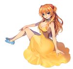  :d bad_id bad_pixiv_id bare_shoulders blue_eyes breasts choker cleavage dress ells eyebrows eyebrows_visible_through_hair legs long_hair long_legs looking_at_viewer medium_breasts neon_genesis_evangelion open_mouth orange_hair simple_background sitting sleeveless smile solo souryuu_asuka_langley white_background yellow_dress 