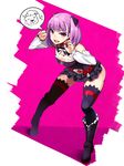  bare_shoulders blush detached_sleeves fate/grand_order fate_(series) helena_blavatsky_(fate/grand_order) highres looking_at_viewer nirai_kanai open_mouth purple_eyes purple_hair short_hair smile solo thighhighs thomas_edison_(fate/grand_order) white_sleeves 