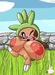  2_toes areola big_breasts black_eyes breasts brown_skin cartoonhypertrophy chespin detailed_background digital_media_(artwork) female green_hair hair huge_areola huge_breasts lactating nintendo nipples one_eye_closed open_mouth open_smile pink_areola pink_nipples pink_nose pixel_(artwork) pok&eacute;mon smile solo tan_skin toes video_games white_pupils wink 