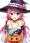  bare_shoulders blue_eyes blush breasts candy choker cleavage fang food halloween halloween_costume hat highres jack-o'-lantern large_breasts long_hair looking_at_viewer md5_mismatch open_mouth original pink_hair pointy_ears puff_and_slash_sleeves puffy_sleeves pumpkin simple_background solo sparkling_eyes tears white_background witch_hat yuusa 