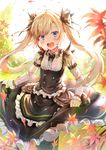  blonde_hair blue_eyes blush leaf long_hair long_sleeves looking_at_viewer maid maple_leaf open_mouth original qian_wu_atai skirt_hold solo twintails 