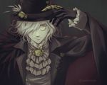 a_s_h aiguillette black_gloves black_hat black_jacket brooch cape claw_ring cravat dark edmond_dantes_(fate/grand_order) expressionless fate/grand_order fate_(series) formal frills gears gloves grey_background hair_over_one_eye half-closed_eyes hand_up hat jacket jewelry long_sleeves looking_at_viewer male_focus messy_hair monocle pale_skin solo steampunk top_hat twitter_username upper_body white_hair yellow_eyes 
