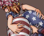  2girls american_flag_legwear american_flag_shirt ass bow bowtie brown_eyes brown_hair clownpiece d-kureta facesitting fang hands_on_ass hat jester_cap kishin_sagume looking_back multiple_girls open_mouth silver_hair sitting sitting_on_face sitting_on_person touhou 