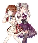  across_the_stars brown_hair dress drill_hair epaulettes gothic_lolita idolmaster idolmaster_cinderella_girls idolmaster_cinderella_girls_starlight_stage kanzaki_ranko lolita_fashion long_hair multiple_girls open_mouth plaid plaid_dress real_life red_eyes seiyuu seiyuu_connection short_hair silver_hair smile sunege_(hp0715) thighhighs twin_drills twintails uchida_maaya 