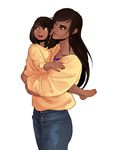  ana_(overwatch) bangs barefoot black_hair blue_pants brown_eyes brown_hair captain_amari carrying child child_carry closed_mouth collarbone dark_skin eye_of_horus eyelashes eyeliner facial_mark facial_tattoo hair_tubes hug jewelry lips long_hair long_sleeves makeup mother_and_daughter multiple_girls nafei07 necklace open_mouth overwatch pants pharah_(overwatch) red_lips shirt short_hair side_braids simple_background smile swept_bangs tattoo teeth white_background younger 
