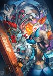  bandages braixen claws commentary fangs fox gen_4_pokemon gen_5_pokemon gen_6_pokemon gen_7_pokemon halloween highres lucario lycanroc pokemon pokemon_(creature) riolu sa-dui trick_or_treat wolf zoroark 