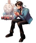  blazer brown_hair character_name hands_together highres invisible_chair jacket kendy_(revolocities) locomotive male_focus personification projected_inset school_uniform simple_background sitting smile solo steam_locomotive thomas_the_tank_engine thomas_the_tank_engine_(character) white_background 