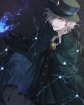  ailm bad_id bad_pixiv_id black black_gloves black_hat black_shirt brooch cape edmond_dantes_(fate/grand_order) electricity fate/grand_order fate_(series) fedora gloves grey_background grin hair_over_one_eye hat jewelry magic male_focus pale_skin shirt smile solo white_hair yellow_eyes 