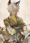  animal_ears blue_eyes crossed_arms dark_skin dark_skinned_male erune eustace_(granblue_fantasy) granblue_fantasy hair_over_one_eye male_focus mikebosi solo white_hair 