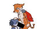  animal_jam anthro blue_fur canine cape censored clothed clothing duo feline fur greely male mammal orange_fur simple_background sir_gilbert tiger watermark white_background wolf  