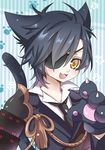  animal_ears armor black_hair cat_ears cat_paws cat_tail eyepatch fang gloves japanese_armor male_focus necktie open_mouth paw_gloves paw_print paws shokudaikiri_mitsutada shoulder_armor smile sode solo tail takoyaki_kenken touken_ranbu yellow_eyes 