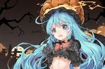  absurdres bat black_gloves blue_eyes blue_hair bow choker claw_pose elbow_gloves fang full_moon gloves halloween hatsune_miku highres jack-o'-lantern long_hair luoxiaofei moon night open_mouth solo twintails very_long_hair vocaloid 