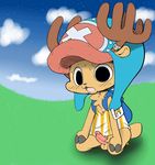  2016 animated anthro antlers backpack balls black_eyes blush bottomless breathing chest_tuft clothed clothing cloud colored cub erection grass hand_on_knee hat hi_res hooves horn humanoid_penis kneeling lemon_smoothie male one_piece open_mouth outside panting penis pubes shirt simple_background sky solo sweat tank_top tony_tony_chopper tuft young 