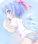  :o ass blue_eyes blue_hair blush cirno clenched_hand collared_shirt commentary_request from_behind hair_ribbon ice ice_wings looking_at_viewer panties pokomi ribbon shirt short_hair solo striped striped_panties touhou underwear v-shaped_eyebrows wings 